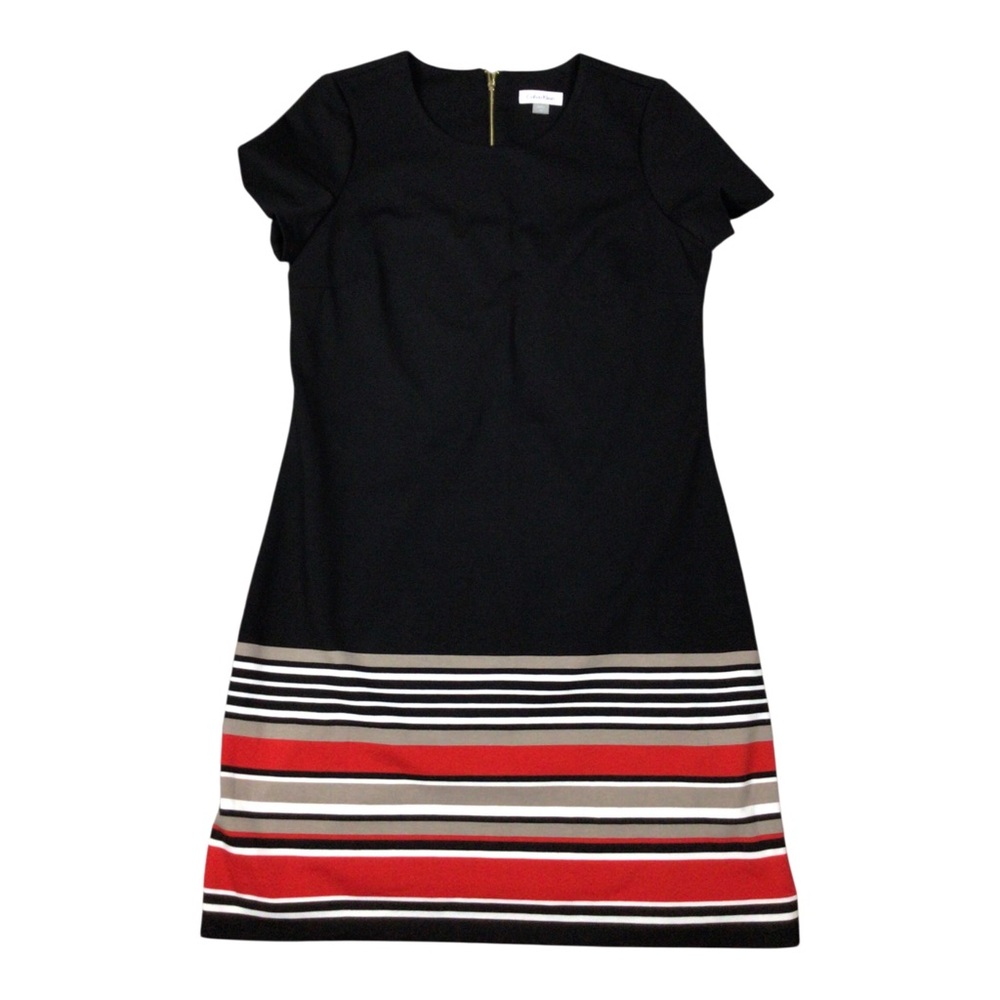 Calvin Klein Short Sleeve Dress Black Red and White Stripe Hem Size 12